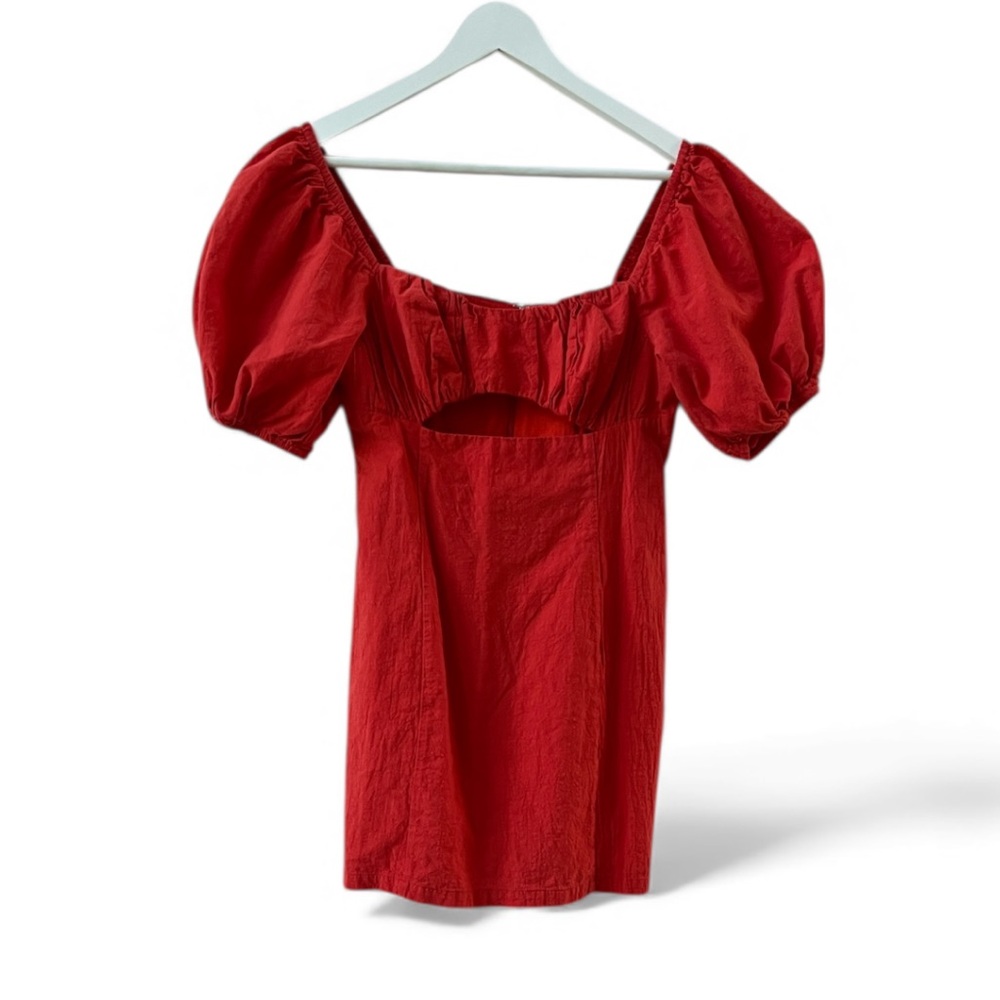 Runaway Soul Mini Dress Fire 100% Cotton Puff Sleeve Cherry Red Cutout Window, 6